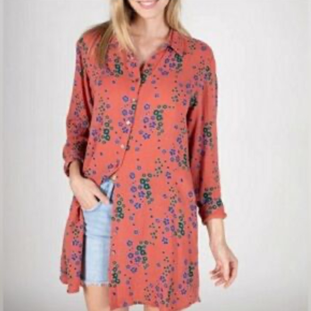 Natural Life 100% Cotton Georgia Shirt Dress Floral Coral Size Medium - Picture 3 of 11